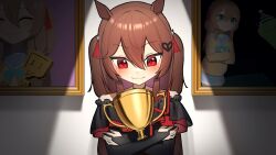  1girl animal_ears black_dress blush broken_heart broken_heart_hair_ornament brown_hair commentary commission dress english_commentary evil_neuro-sama hair_between_eyes hair_ribbon heart highres holding holding_trophy horse_ears horse_girl kermit_the_frog lavidi long_hair muppets neuro-sama red_eyes red_ribbon ribbon smile solo third-party_source trophy two_side_up upper_body vedal987 vedal_ai virtual_youtuber 