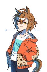  1girl ahoge alternate_hair_length alternate_hairstyle animal_ears black_pants braid brown_hair casual closed_mouth commentary_request cowboy_shot crossed_bangs earrings hair_between_eyes hair_ornament hairclip half_up_braid half_up_half_down_braid hands_in_pockets highres hood hood_down hooded_jacket horse_ears horse_girl horse_tail jacket jewelry jungle_pocket_(casual)_(umamusume) jungle_pocket_(umamusume) korean_commentary long_sleeves looking_at_viewer mazu1kan necklace notched_ear orange_jacket pants pocket print_tank_top ring ring_necklace shirt short_hair simple_background smile solo tail tank_top twitter_username umamusume v-shaped_eyebrows white_background white_tank_top yellow_eyes 