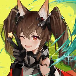  1girl :d absurdres angelina_(arknights) animal_ear_fluff animal_ears arknights arknights:_endfield black_gloves bracelet brown_hair close-up coat colored_inner_animal_ears dot_nose dress elbow_gloves fox_ears fox_girl gilberta_(arknights) gloves grey_dress hair_between_eyes headpiece high_collar highres jewelry long_hair long_sleeves looking_at_viewer metal_bracelet off_shoulder one_eye_closed originium_arts_(arknights) red_coat sasa_kurumi smile solo star_(symbol) twintails upper_body v 