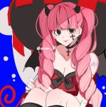  1girl bad_id bad_twitter_id blue_background blunt_bangs choker commentary_request cross cross_choker dress drill_hair eyelashes holding holding_umbrella horns joman korean_commentary looking_at_viewer one_piece perona pink_hair red_dress shoulder_tattoo sitting tattoo tongue tongue_out twintails umbrella 