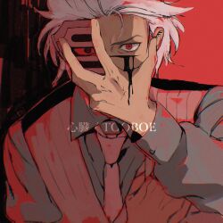  1boy 42hca ace_attorney black_blood bleeding blood blood_on_clothes blood_on_face blue_shirt brown_vest collared_shirt commentary_request covering_own_mouth diego_armando eye_mask godot_(ace_attorney) hand_over_own_mouth hand_up highres looking_at_viewer male_focus mask necktie phoenix_wright:_ace_attorney_-_trials_and_tribulations red_background red_eyes shirt short_hair solo upper_body vest white_hair white_necktie 