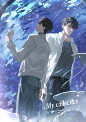  2boys against_glass aquarium black_eyes black_hair black_shirt collar commentary english_commentary expressionless feet_out_of_frame fish fish_request guomukaoya97 hand_on_glass hand_up highres indoors jacket jewelry kim_dokja looking_at_another male_focus multiple_boys necklace omniscient_reader's_viewpoint school_of_fish shirt short_hair simple_fish smile standing tuna variant_set white_jacket yoo_joonghyuk 