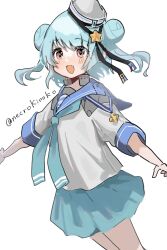  1girl absurdres aqua_neckerchief aqua_skirt blue_hair blue_sailor_collar brown_eyes dixie_cup_hat double_bun fang hair_bun hat highres kantai_collection military_hat navy_cross neckerchief one-hour_drawing_challenge sailor_collar sakura-konoha samuel_b._roberts_(kancolle) samuel_b._roberts_mk_ii_(kancolle) school_uniform serafuku simple_background skin_fang skirt sleeve_cuffs solo striped_neckerchief two_side_up white_background white_hat 
