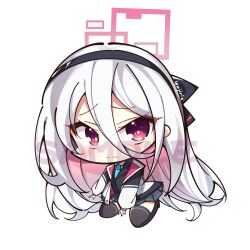  1girl absurdres artist_name between_legs black_bow black_hairband black_jacket black_skirt black_thighhighs black_vest blue_archive blue_necktie blush bow chibi chibi_only chinese_commentary clip_studio_paint_(medium) closed_mouth collared_shirt colored_inner_hair commentary_request double-parted_bangs gradient_hair hair_between_eyes hair_bow hairband halo hand_between_legs highres jacket kei_(blue_archive) long_bangs long_hair long_hair_between_eyes long_sleeves looking_at_viewer making-of_available merchandise_available multicolored_hair multicolored_jacket necktie no_shoes open_clothes open_jacket parody pink_hair pink_halo pink_jacket pleated_skirt puffy_long_sleeves puffy_sleeves rectangular_halo red_eyes sample_watermark school_uniform seiza shirt simple_background sitting skirt solo split_mouth style_parody thigh-highs two-sided_fabric two-sided_jacket two-tone_hair very_long_hair vest watermark wavy_mouth white_background white_hair white_jacket white_shirt yujiri 