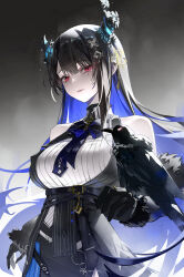  1girl absurdres asymmetrical_horns bare_shoulders belt bird bird_on_hand black_belt black_flower black_gloves black_hair black_horns black_jacket black_skirt blue_hair breasts closed_mouth clothing_cutout collared_shirt colored_inner_hair commentary crow demon_horns flower framed_breasts fur-trimmed_sleeves fur_trim gloves gradient_background grey_background hair_between_eyes hair_ornament hairclip highres hololive hololive_english horn_flower horns hppu8734 jacket jewelry large_breasts long_hair looking_at_viewer mole mole_under_eye multicolored_hair nerissa_ravencroft nerissa_ravencroft_(1st_costume) parted_bangs red_eyes ribbed_shirt ring shadow_(nerissa_ravencroft) shirt shoulder_cutout skirt solo tassel tassel_hair_ornament twitter_username two-tone_hair uneven_horns upper_body very_long_hair virtual_youtuber white_shirt 
