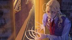  1boy absurdres ahoge blackberreh-art blonde_hair blue_eyes bow commentary crow's_feet curly_hair design_speculation distortion_(tma) earrings english_commentary eyelashes grin hallway highres jewelry lips long_fingers long_hair male_focus michael_shelley mirror monster_boy open_door pointy_ears sharp_teeth shirt smile smile_lines teeth the_magnus_archives vest wrinkled_skin 