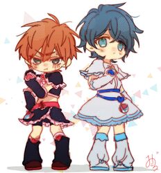  2boys absurdres april_fools black_shirt black_skirt blue_eyes blue_hair blush brown_eyes chibi cosplay crossdressing cure_black cure_black_(cosplay) cure_white cure_white_(cosplay) dress expressionless full_body futari_wa_precure highres kajiyama_fuuta kao_ru05 magical_girl milgram multiple_boys orange_hair precure sakurai_haruka_(milgram) shirt skirt white_background white_dress 