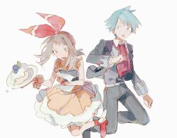  1boy 1girl :o absurdres alternate_costume bare_shoulders black_jacket black_pants blue_eyes blue_hair bow bow_hairband brown_eyes brown_hair cake ciuchviicuq clenched_hands dress food hair_bow hairband highres holding holding_plate jacket long_sleeves may_(pokemon) necktie open_clothes open_jacket orange_dress pants plate pokemon pokemon_oras red_bow red_hairband red_necktie red_shoes shoes short_hair sleeveless sleeveless_dress steven_stone sweatdrop waitress white_background 