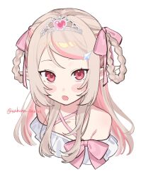  1girl :o bare_shoulders blush_stickers bow braid braided_hair_rings collarbone colored_inner_hair criss-cross_halter cropped_shoulders dress dress_bow fang frilled_dress frills from_above grey_hair hair_intakes hair_ornament hair_over_shoulder hair_ribbon hair_rings hairclip halterneck heart-shaped_gem highres long_hair looking_at_viewer makaino_ririmu multicolored_hair nijisanji off-shoulder_dress off_shoulder official_alternate_costume official_alternate_hairstyle parted_lips pink_bow pink_hair pink_ribbon pink_streaks pointy_ears red_eyes ribbon sakura_243905 side_part side_up_ring sidelocks simple_background skin_fang solo star_(symbol) star_hair_ornament streaked_hair swept_bangs tiara twitter_username two-tone_hair two_side_up upturned_eyes virtual_youtuber white_background white_dress 