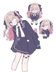  1girl :< arm_behind_back black_shoes blazer blue_jacket blue_necktie blue_ribbon blue_skirt blush cellphone chibi chibi_inset closed_eyes closed_mouth collared_shirt colored_inner_hair cropped_legs drill_hair eyepatch fangs full_body furrowed_brow grey_hair hair_intakes hair_ribbon hands_up hashtag-only_commentary head_tilt heart highres holding holding_phone hugging_own_legs jacket kinosuke_(kkknj00) knees_up lapels leaning_forward leg_ribbon leg_tattoo light_smile long_hair long_sleeves looking_at_viewer loose_socks makaino_ririmu medical_eyepatch miniskirt monitoring_(vocaloid) multicolored_hair multiple_views necktie nijisanji notched_lapels official_alternate_costume official_alternate_hairstyle open_clothes open_jacket open_mouth phone phone_with_ears pink_hair pink_streaks platform_shoes pleated_skirt pointy_ears rabbit_ear_smartphone_case red_eyes ribbon school_uniform shirt shirt_tucked_in shoes sidelocks simple_background sitting skirt sleeves_past_fingers sleeves_past_wrists smartphone smartphone_case socks streaked_hair tattoo tie_clip two-tone_hair two_side_up upturned_eyes virtual_youtuber white_background white_shirt white_socks winged_heart winged_heart_tattoo 