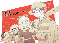  1girl 3boys arrow_(symbol) bac0n_pancakes backpack bad_id bad_pixiv_id bag baseball_bat baseball_cap bow braid character_name closed_mouth commentary_request dress food glasses greyscale_with_colored_background hair_bow hat holding holding_baseball_bat holding_food jeff_andonuts korean_text looking_at_viewer monochrome mother_(series) mother_2 multiple_boys ness_(mother_2) opaque_glasses paula_(mother_2) poo_(mother_2) shirt short_hair simple_background striped_clothes striped_shirt translation_request 