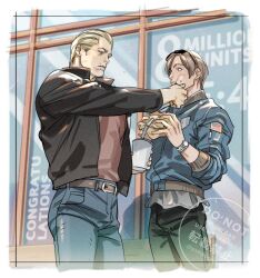  2boys american_flag black_jacket black_pants blonde_hair blue_eyes blue_jacket blue_pants bomber_jacket border brown_hair brown_shirt burger commentary_request cowboy_shot cup denim disposable_cup eyewear_on_head food food_on_face grey_shirt hair_slicked_back hand_on_another's_cheek hand_on_another's_face holding holding_burger holding_cup holding_food jack_krauser jacket jeans leon_s._kennedy light_blush looking_at_viewer male_focus multiple_boys pants parted_bangs parted_lips resident_evil scar scar_on_face scar_on_mouth shirt short_hair sunglasses twitter_username vp4xaalocg watch watch white_border 