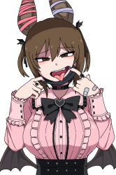  1girl animal_ears bandaid bandaid_on_hand bat_ears bat_girl bat_wings black_bow black_bowtie black_collar bow bowtie breasts brown_eyes brown_hair collar commentary_request ear_ribbon fang galois hair_ornament highres huge_breasts jewelry jirai_kei korean_commentary low_wings mask mask_pull mouth_mask mouth_pull open_mouth original pink_shirt ring shirt simple_background smile solo textless_version tongue tongue_out two_side_up upper_body variant_set white_background wing_hair_ornament wings 