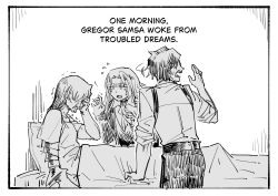  1girl 2boys arthropod_limbs bed belt crying gregor_(project_moon) greyscale hand_up hashtag-only_commentary heathcliff_(project_moon) kaibootsu limbus_company long_hair monochrome multiple_boys open_mouth pants parted_bangs pillow project_moon rodion_(project_moon) short_sleeves sitting the_metamorphosis under_covers 