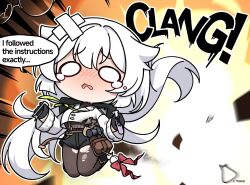  1girl black_boots black_pantyhose black_shorts black_sweater blush boots broken burnt_clothes chibi chibi_only commentary copyright_logo copyright_name copyright_notice crossed_bandaids crying crying_with_eyes_open english_commentary english_text explosion explosion_background failure fuyuka_(probation_period_cleared!)_(stella_sora) fuyuka_(stella_sora) hair_flaps highres holding holding_test_tube jacket legs_up logo long_hair long_sleeves nose_blush official_art open_mouth pantyhose raised_inner_eyebrows short_shorts shorts solo speech_bubble stella_sora sweater tears test_tube torn_clothes torn_pantyhose turtleneck turtleneck_sweater very_long_hair white_hair white_jacket wide_oval_eyes 