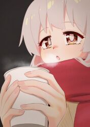  1girl breath brown_eyes commentary_request cup disposable_cup enpera grey_hair happyundergate highres holding holding_cup light_blush onii-chan_wa_oshimai! open_mouth oyama_mahiro red_scarf scarf solo steam 
