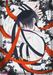  1girl artist_name asymmetrical_bangs belt black_background black_hair entangled hair_over_one_eye highres ichii_tori long_sleeves looking_at_viewer looking_to_the_side lying milgram on_side paint_splatter red_eyes red_ribbon ribbon short_hair straitjacket string string_of_fate swept_bangs twitter_username two-tone_background white_background yuzuriha_kotoko 