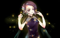  1girl aegyo_sal asymmetrical_hair bare_arms black_background black_cape cape china_dress chinese_clothes chinese_commentary closed_mouth commentary_request dress earrings eyelashes fireflies floral_print flower_in_mirror_(miracle_nikki) hand_fan hand_up happy holding holding_fan jewelry light_blush light_particles lipstick makeup miracle_nikki muriel_miaoke nikki_(series) painttool_sai_(medium) print_dress purple_dress purple_hair red_lips see-through_cape short_hair simple_background single_earring sleeveless sleeveless_dress smile solo tassel tassel_earrings tuanshan upper_body violet_eyes 