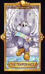  angel_wings black_border black_eyes boots border commentary crescent english_commentary english_text feathered_wings floating grass hill holding_eggshell limited_palette looking_at_viewer no_humans nostrils quas-quas rainbow ripples smash_ball solo sparkle star_(symbol) super_mario_bros. super_smash_bros. tarot temperance_(tarot) water white_wings wings yellow_footwear yoshi 