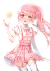  1girl absurdres ball bare_arms blush bow bowtie brown_eyes buttons chinese_commentary collared_shirt commentary_request cowboy_shot dot_nose dress_shirt eyelashes gyaru hand_up happy high-waist_skirt highres long_hair looking_at_object miniskirt motion_blur muriel_miaoke nikki_(series) open_mouth pink_bow pink_bowtie pink_hair pink_skirt plaid_bow plaid_bowtie plaid_clothes plaid_skirt reverse_suspended_congress shining_nikki shirt short_sleeves side_ponytail signature simple_background skirt smile solo standing stylist_(nikki) tareme teeth thigh-highs throwing upper_teeth_only white_background white_shirt white_thighhighs 