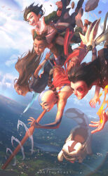  2girls 3boys :d aang absurdres aerokinesis animal appa aqua_eyes arm_tattoo arrow_(symbol) arrow_tattoo artist_name avatar:_the_last_airbender avatar_legends back_tattoo bald bandaged_arm bandages bandaid bandaid_on_face bandaid_on_nose bead_necklace beads bird black_choker black_hair blind blue_dress blue_eyes blue_ribbon blue_sky blurry blurry_background bracelet brown_hair brown_pants bruise bruised_eye choker clenched_hands closed_mouth clouds cloudy_sky commentary dark-skinned_female dark-skinned_male dark_skin dress earrings english_commentary eyelashes fire flaming_hand flying foot_out_of_frame geokinesis green_eyes green_pants green_robe hair_bun hair_ornament hair_ribbon half-closed_eyes head_tattoo highres holding holding_staff horizon hydrokinesis injury jewelry katara lemur lips long_hair looking_down looking_to_the_side momo_(avatar) multiple_boys multiple_girls necklace nose open_mouth orange_eyes orange_tunic outdoors pants paul_nong pom_pom_(clothes) pom_pom_hair_ornament pyrokinesis ribbon ring robe rock short_hair short_sleeves signature single_hair_bun sky smile sokka staff stud_earrings tattoo teeth tongue tongue_out too_many too_many_birds toph_beifong tunic upper_body violet_eyes water wind zuko 