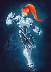  1girl aqua_eyes arm_up armor artist_logo artist_name black_armor blue_background blue_light clenched_teeth commentary english_commentary full_body glowing glowing_lines green_eyes grey_armor grin high_ponytail highres jenosa_arma logo long_hair multicolored_armor munch_k no_headwear orange_hair ponytail power_armor power_suit redesign science_fiction scurge:_hive smile solo teeth two-tone_armor 