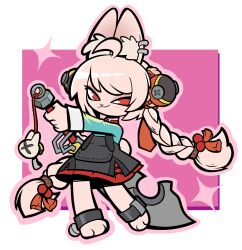  1girl absurdres ahoge animal_ear_fluff animal_ear_piercing animal_ears animal_feet anklet black_dress braid braided_twintails bright_pupils closed_mouth commentary dress english_commentary full_body furry furry_female green_shirt hair_ornament highres jewelry long_hair outline pinafore_dress pink_fur pink_hair pink_outline purple_background rabbit_ears rabbit_girl red_eyes screw shirt short_eyebrows sketchesjang sleeveless sleeveless_dress solo sparkle sphere_hair_ornament sword thick_eyebrows weapon white_pupils zenless_zone_zero zhao_(zenless_zone_zero) 