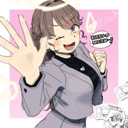  1girl 524ryo ;d arm_up black_sweater border brown_hair clenched_hand commentary_request drawn_wings earrings fujishima_megumi fujishima_megumi_(post-graduation) grey_jacket grey_skirt hair_intakes halo heart heart_earrings heart_necklace hellomegu! highres jacket jewelry link!_like!_love_live! looking_at_viewer love_live! necklace one_eye_closed open_clothes open_hand open_jacket open_mouth outside_border pink_background pleated_skirt ponytail simple_background skirt skirt_suit smile solo speech_bubble suit suit_jacket sweater teeth traditional_halo turtleneck turtleneck_sweater violet_eyes virtual_youtuber white_border yellow_halo 