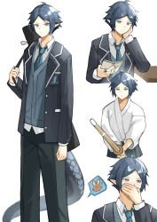  1boy absurdres arknights arm_at_side black_jacket black_pants blazer blue_hair blue_necktie buttons closed_mouth collared_shirt commentary covered_mouth covering_own_mouth grey_eyes grey_vest highres holding holding_strap holding_sword holding_weapon jacket japanese_clothes jewelry kendo kimono lapels long_sleeves looking_at_viewer male_focus multiple_views necktie open_clothes open_jacket pants parted_bangs pointy_ears rhodes_island_logo_(arknights) ring school_uniform shinai shirt short_hair simple_background standing sword unbuttoned unbuttoned_jacket vest weapon white_background white_kimono white_shirt yagi000 zuo_le_(arknights) 