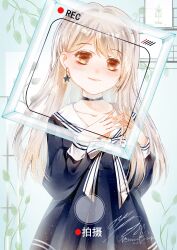  1girl absurdres black_choker black_dress blonde_hair bow bowtie brown_eyes camera_pov chinese_commentary choker closed_mouth collarbone commentary_request cowboy_shot dot_nose dress earrings eyelashes flower hair_flower hair_ornament happy highres jewelry light_blush light_particles lipstick long_hair long_sidelocks long_sleeves looking_at_viewer makeup muriel_miaoke nikki_(series) own_hands_together painting_(object) picture_frame pink_lips plant pleated_dress puffy_long_sleeves puffy_sleeves sailor_collar school_uniform shining_nikki sidelocks single_sidelock smile solo standing star_(symbol) star_earrings striped_bow striped_bowtie striped_clothes stylist_(nikki) tareme very_long_hair vines white_bow white_bowtie white_sailor_collar 