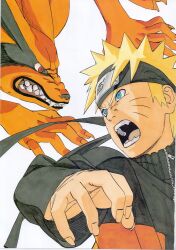  1boy absurdres black_jacket blonde_hair blue_eyes forehead_protector highres jacket kishimoto_masashi konohagakure_symbol multicolored_jacket naruto_(series) naruto_shippuuden official_art orange_fur orange_jacket red_eyes shirt short_hair simple_background teeth two-tone_jacket uzumaki_naruto white_background white_shirt 