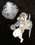  1girl asteroid beret boots brown_eyes brown_hair deep_space_probe full_body gloves hat hayabusa_2_(spacecraft) knee_boots looking_at_viewer masa_06r mecha_musume open_mouth original personification satellite_dish skirt sky solar_panel solo space star_(sky) starry_sky v white_gloves white_headwear white_skirt 
