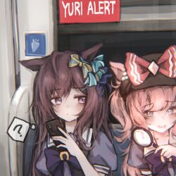  2girls agnes_digital_(umamusume) animal_ears blue_eyes blush bow bowtie brown_hair brown_hat carrot closed_mouth collarbone commentary detective doktahzaki drooling ear_bow ears_through_headwear english_commentary hair_between_eyes hair_bow hair_ornament hairclip hat highres holding holding_magnifying_glass holding_phone horse_ears horse_girl long_hair magnifying_glass mejiro_dober_(umamusume) mouth_drool multiple_girls open_mouth phone pink_hair puffy_short_sleeves puffy_sleeves purple_bow purple_bowtie purple_shirt sailor_collar school_uniform shirt short_sleeves smile subway tracen_school_uniform umamusume violet_eyes white_sailor_collar 
