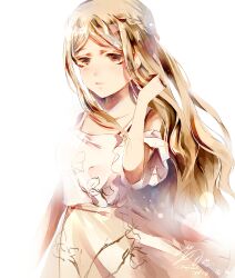  1girl absurdres bare_shoulders blonde_hair braid brown_eyes chinese_commentary closed_mouth clothing_cutout collarbone commentary_request cowboy_shot dated expressionless eyelashes floral_print half_up_braid hand_in_own_hair highres light_blush light_particles lips long_hair looking_at_viewer miniskirt muriel_miaoke nikki_(series) pink_lips pleated_skirt print_shirt print_skirt shining_nikki shirt short_sleeves shoulder_cutout sidelocks signature simple_background single_braid skirt solo stylist_(nikki) very_long_hair wavy_hair white_background white_shirt yellow_skirt 