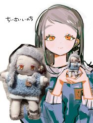  1girl blue_sweater character_doll cherry_earrings closed_mouth commentary_request cupping_hands doll earrings food-themed_earrings gakuen_idolmaster grey_hair hands_up highres holding holding_doll idolmaster jewelry long_hair long_sleeves looking_at_viewer orange_eyes own_hands_together pecopecosupipi photo_inset reference_inset shinosawa_hiro smile solo split_mouth sweater upper_body white_background 