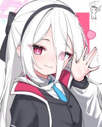  \||/ absurdres black_hair black_vest blood blue_archive blue_necktie bow buttons chibi closed_mouth commentary_request doodle_sensei_(blue_archive) hair_bow hairband headband heart highres jacket kei_(blue_archive) kei_(new_body)_(blue_archive) long_hair looking_at_viewer mayou940114 necktie nosebleed open_clothes open_jacket portrait red_eyes sensei_(blue_archive) shirt sidelocks straight_hair vest waving white_hair white_shirt 