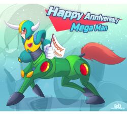  1boy android arm_cannon armor artist_name centaur centaur_man closed_mouth commentary fake_horns flag full_body green_armor green_helmet happy_anniversary helmet holding holding_flag horned_helmet horns horse_tail letterboxed looking_at_viewer male_focus mega_man_(classic) mega_man_(series) mega_man_6 multiple_legs red_eyes rob_(robarts) running shadow smile solo tail taur weapon zoom_layer 