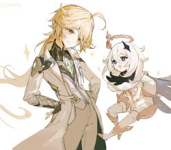  1boy 1girl aether_(as_heaven_and_earth_are_made_anew)_(genshin_impact) aether_(genshin_impact) ahoge artist_name black_gloves black_scarf black_shirt blonde_hair blue_feathers blush boots bright_pupils capelet closed_mouth cowboy_shot crystal_hair_ornament d_yoong feathers fingerless_gloves floating_hair flower flower_ornament flying full_body genshin_impact gloves gold_trim hair_between_eyes hair_ornament hair_ribbon halo hands_on_own_hips hashtag-only_commentary high_heel_boots high_heels highres huge_ahoge jacket lapels long_hair long_sleeves looking_at_viewer low_ponytail mandarin_collar mechanical_halo official_alternate_costume official_alternate_hairstyle open_clothes open_jacket open_mouth paimon_(genshin_impact) pants ponytail puffy_long_sleeves puffy_sleeves ribbon romper scarf shirt short_hair simple_background single_thighhigh smile sparkle standing teeth thigh-highs v-shaped_eyebrows vest violet_eyes white_background white_boots white_capelet white_flower white_hair white_jacket white_pants white_pupils white_ribbon white_romper white_thighhighs white_vest yellow_eyes yellow_pupils 