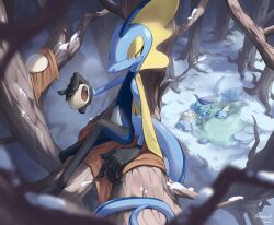  absurdres closed_eyes closed_mouth drizzile evolutionary_line food highres hoishere7 holding holding_food inteleon onsen outdoors parted_lips pokemon pokemon_(creature) pokemon_focus sitting smile sobble steamed_bun towel tree water yellow_eyes 