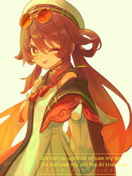  1girl 39_iduki brown_hair commentary_request eyewear_on_head flower-shaped_pupils genshin_impact gradient_hair hair_between_eyes hat highres hu_tao_(cherries_snow-laden)_(genshin_impact) hu_tao_(genshin_impact) long_hair long_sleeves looking_at_viewer multicolored_hair one_eye_closed red_hair round_eyewear simple_background solo symbol-shaped_pupils tassel tongue tongue_out watermark white_hat 