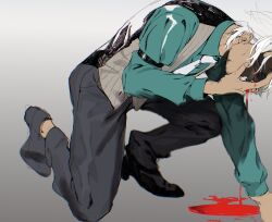  1boy 42hca ace_attorney beard_stubble black_pants black_shoes bleeding blood blood_on_face blood_on_hands blue_shirt brown_vest collared_shirt commentary_request diego_armando facial_hair full_body godot_(ace_attorney) hand_up highres long_sleeves looking_at_viewer male_focus necktie on_one_knee pants phoenix_wright:_ace_attorney_-_trials_and_tribulations profile red_eyes shirt shoes short_hair solo stubble vest white_hair white_necktie 