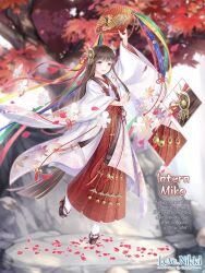  1girl arm_up artist_request autumn autumn_leaves black_sandals blue_eyes blunt_bangs blunt_ends brown_hair close-up day diamond_(shape) dot_nose full_body hair_ribbon hakama hakama_skirt haori happy hime_cut intern_miko_(miracle_nikki) jacket japanese_clothes leaf leaf_print leg_up light_blush long_hair long_sidelocks looking_at_viewer miracle_nikki nikki_(series) official_art okobo open_mouth outdoors outline paper_doll petals platform_sandals print_jacket red_hakama red_ribbon ribbon rock sandals sidelocks skirt smile socks solo straight_hair streamers tabi tareme teeth third-party_source tree upper_teeth_only very_long_hair waist_ribbon white_jacket white_outline white_socks 