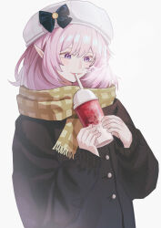  1girl absurdres alternate_costume beret black_coat blue_eyes chujiuo coat cup drinking drinking_straw elf elysia_(honkai_impact) hashtag-only_commentary hat highres holding holding_cup honkai_(series) honkai_impact_3rd long_hair pink_hair pointy_ears scarf simple_background solo white_background winter_clothes yellow_scarf 