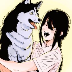  1girl animal asymmetrical_hair black_hair braid braided_ponytail chainsaw_man commentary_request dog hair_between_eyes highres holding holding_animal holding_dog isuke_(isuke_now) long_hair nayuta_(chainsaw_man) one_eye_closed open_mouth orange_eyes sidelocks single_braid smile yellow_background yellow_eyes 