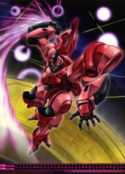  1990s_(style) abe_shingo absurdres angel_halo_(gundam) cable calendar_(medium) energy_beam energy_sword explosion glowing gottrlatan gundam highres mecha mecha_focus mobile_suit nebula no_humans official_art retro_artstyle robot scan scene_reference science_fiction space space_habitat star_(sky) sword traditional_media victory_gundam weapon zanscare zero_gravity 