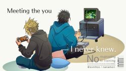  2boys alternate_costume black_hair black_hoodie blonde_hair blue_hoodie blue_pants casual cloud_strife commentary_request controller crisis_core:_final_fantasy_vii crt english_text final_fantasy final_fantasy_vii from_behind full_body game_console game_controller handheld_game_console highres holding holding_controller holding_game_controller holding_handheld_game_console hood hood_down hoodie indian_style lifestream multiple_boys nanamori_(svnthzc) pants pillow playing_games playing_video_games playstation_1 playstation_portable sitting spiky_hair television tifa_lockhart twitter_username zack_fair 