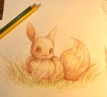  :3 absurdres animal_focus art_tools_in_frame artist_name brown_eyes closed_mouth colored_pencil_(medium) commentary_request eevee full_body grass happy highres looking_to_the_side neck_fur no_humans on_ground partial_commentary pencil photo_(medium) pokemon pokemon_(creature) signature simple_background sitting sketch smile solo tensaitou_tou traditional_media white_background 