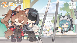  4girls :< :o animal_ear_fluff animal_ears animal_hat arknights arknights:_endfield bandaid bandaid_on_cheek bandaid_on_face black_boots black_gloves black_hair black_thighhighs black_veil boots bracelet brown_hair cat_hat chair commentary_request copyright_name couch cup day deformed dress easy_chair electric_kettle estella_(arknights) expressionless extra_ears eye_mask fanniko finger_to_mouth fold-over_boots fox_ears fox_girl fox_tail full_body gloves gradient_horns green_horns grey_dress grey_horns grey_sweater hat hat_with_ears highres holding holding_cup holding_kettle holding_pillow horns indoors infection_monitor_(arknights) jewelry kettle long_hair mask mug multicolored_eyes multicolored_horns multiple_girls on_couch pillow planet shushing sleeping sweater table tail thigh-highs tree two-tone_eyes veil violet_eyes xaihi_(arknights) yellow_eyes zzz 