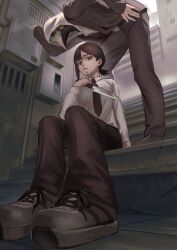  1boy 1girl absurdres bent_over black_eyes black_hair black_necktie bonjindaaa building chainsaw_man city closed_mouth collared_shirt from_below hair_ornament hairclip hand_on_own_hip hand_to_own_mouth hashtag-only_commentary higashiyama_kobeni highres holding holding_knife holding_weapon hood hoodie jacket knife looking_at_viewer mole mole_under_eye mole_under_mouth multiple_moles necktie pants plague_doctor_mask ponytail shirt shoes sitting sitting_on_stairs stairs violence_fiend_(chainsaw_man) weapon white_shirt 
