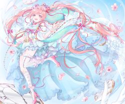  1girl aqua_cloak asymmetrical_legwear blue_dress blue_sky bow bowtie bracelet brown_eyes cherry_blossoms cloak clock clouds commentary day dress eyelashes first_wind_(miracle_nikki) floating_clothes floating_hair flower flower_anklet flower_bracelet frilled_thighhighs frills full_body gradient_eyes hair_flower hair_ornament hair_ribbon hand_up happy high_heels hood hood_down hooded_cloak jewelry kneehighs lace-trimmed_dress lace_trim leg_up light_blush long_hair looking_at_viewer miracle_nikki mismatched_legwear multicolored_eyes nikki_(series) open_mouth outdoors pink_bow pink_bowtie pink_flower pink_hair pink_ribbon pink_shoes rain0612 ribbon shoes single_kneehigh single_sock single_thighhigh sky smile socks solo stiletto_heels thigh-highs train_(clothing) twintails two-sided_hood very_long_hair violet_eyes white_cloak white_socks white_thighhighs wind 